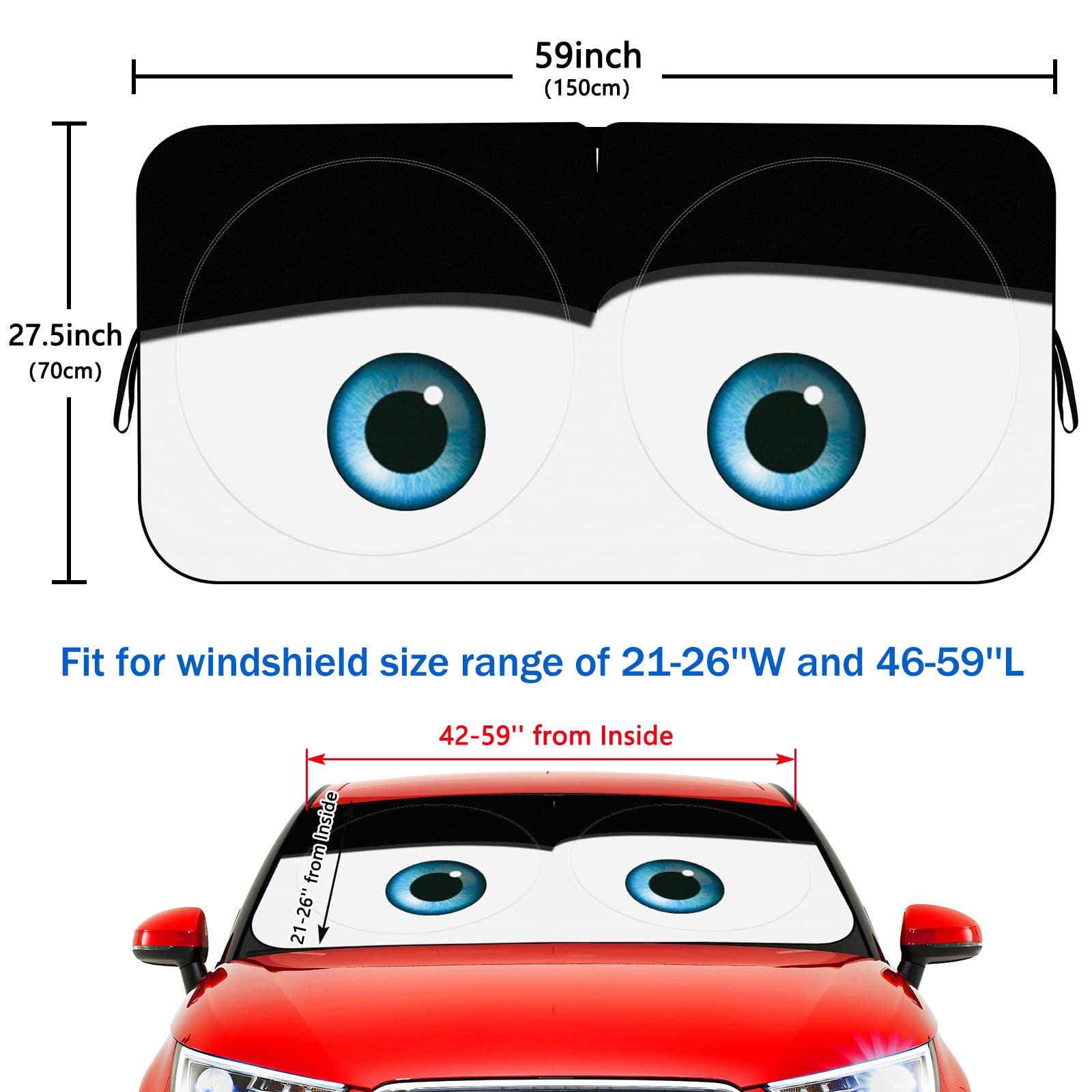 Car Windshield Sun Shade, Funny Eyes Sun Visor, Wear-Resistant Black Tape, Foldable 59‘’X27.5‘’/63''X31.5''